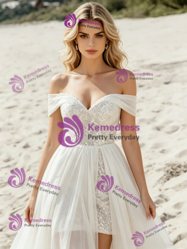 White Chiffon Off The Shoulder Wedding Dress