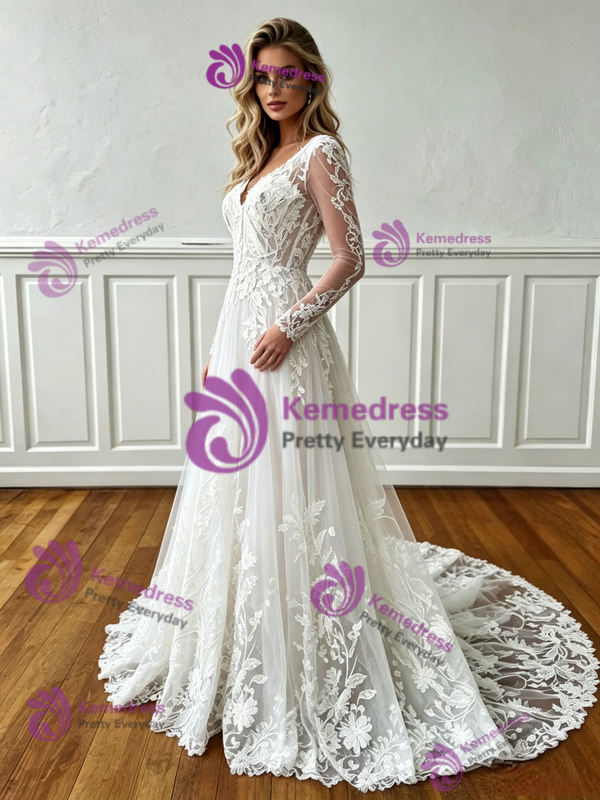 White Tulle V-neck Appliques Wedding Dress