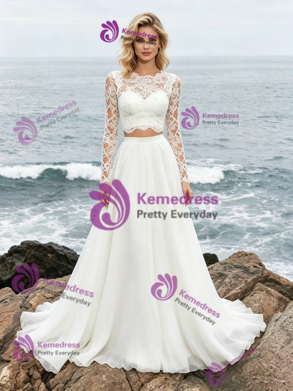 White Lace Two Piece Long Sleeve Wedding Dress