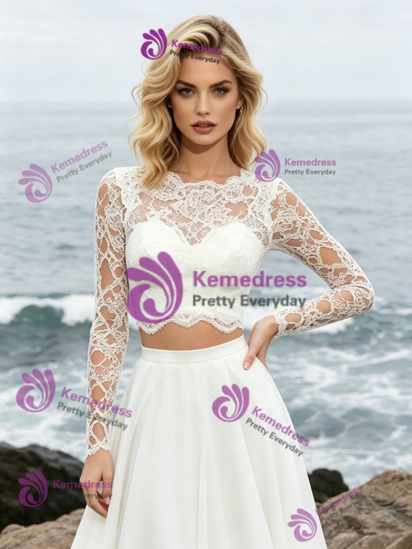 White Lace Two Piece Long Sleeve Wedding Dress