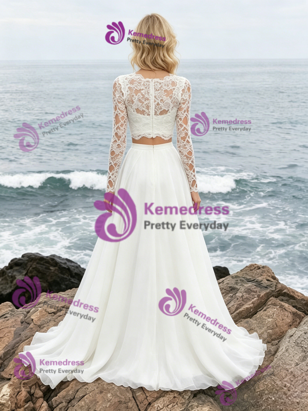 White Lace Two Piece Long Sleeve Wedding Dress