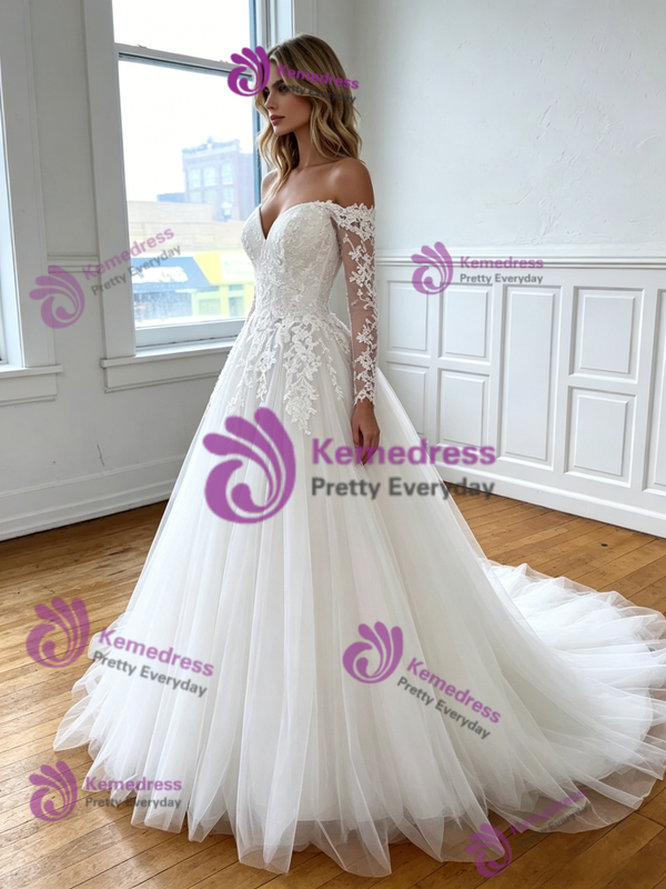 White Tulle Off the Shoulder Appliques Wedding Dress