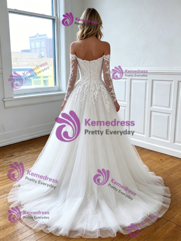 White Tulle Off the Shoulder Appliques Wedding Dress