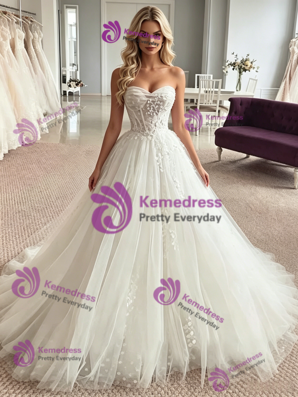 Sexy White Tulle Strapless Appliques Wedding Dress