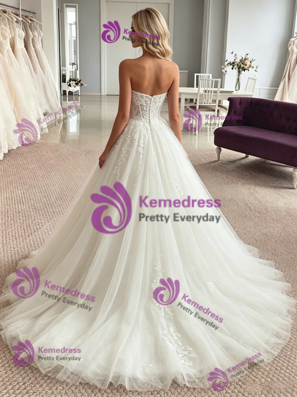 Sexy White Tulle Strapless Appliques Wedding Dress