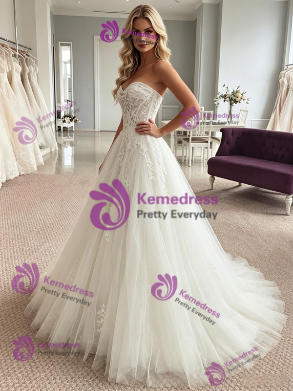 Sexy White Tulle Strapless Appliques Wedding Dress