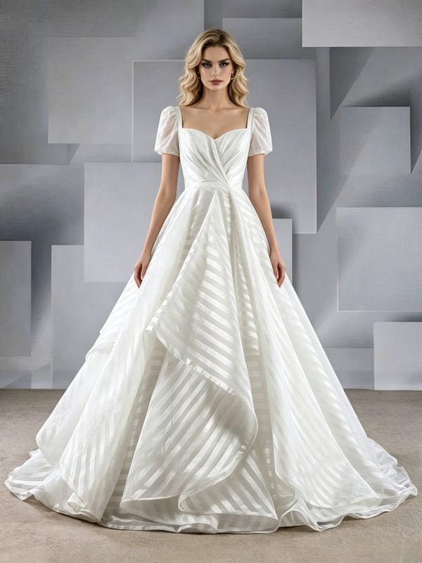 White Short Sleeve Square Neck Pleats Wedding Dress