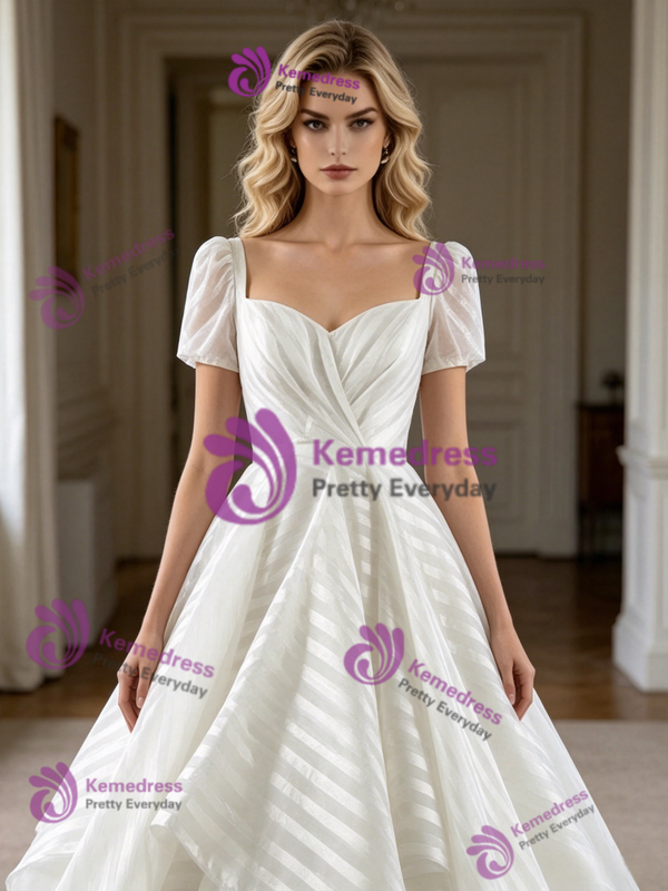 White Short Sleeve Square Neck Pleats Wedding Dress