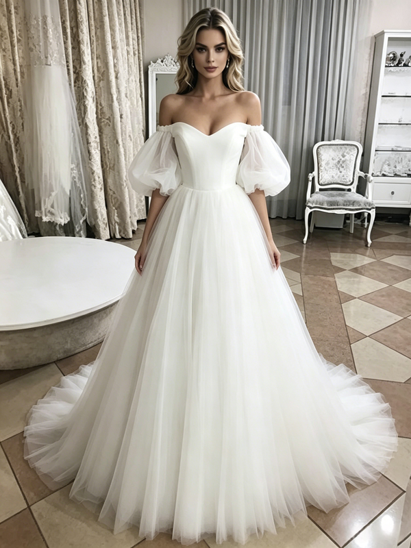 White Tulle Off The Shoulder Puff Sleeve Wedding Dress