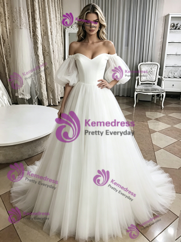 White Tulle Off The Shoulder Puff Sleeve Wedding Dress