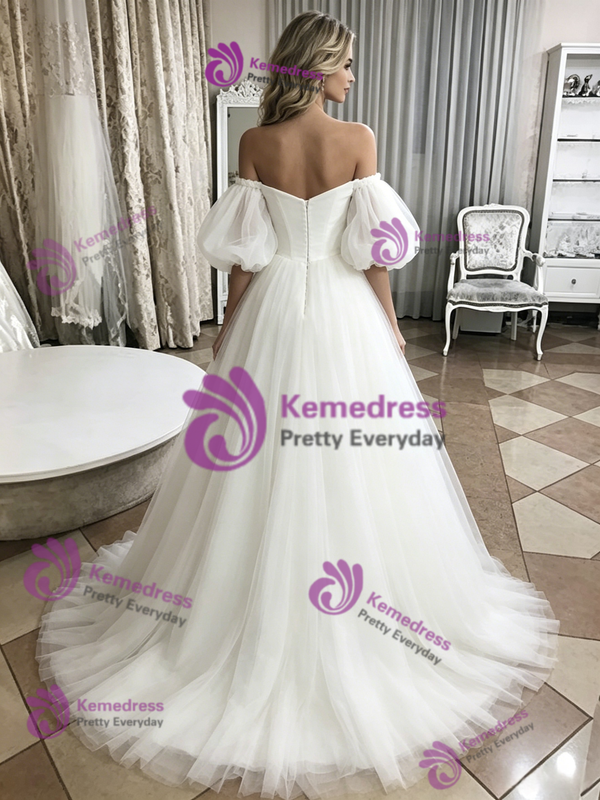 White Tulle Off The Shoulder Puff Sleeve Wedding Dress