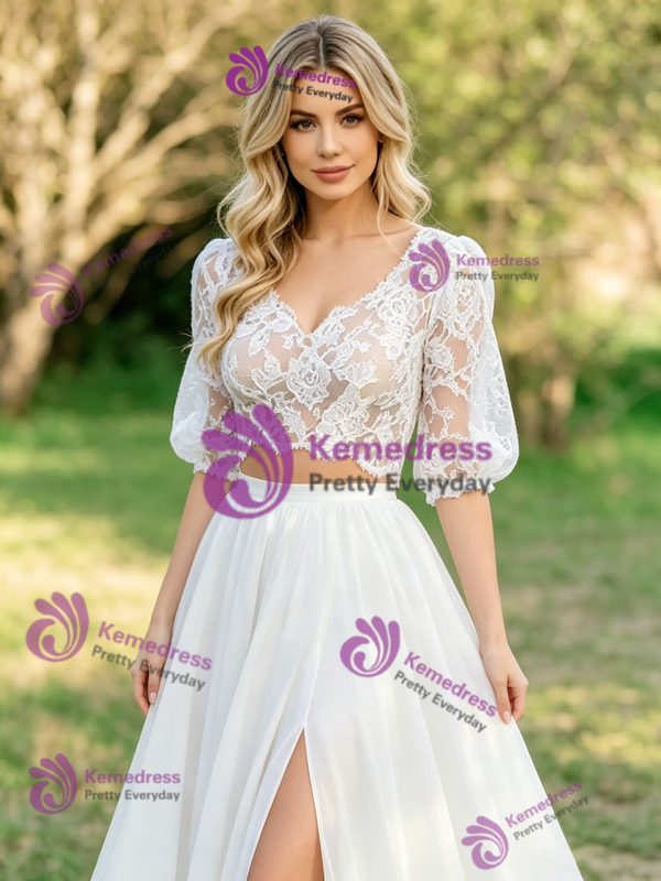 White Two Piece V-neck Lace Puff Sleeve Wedding Dress