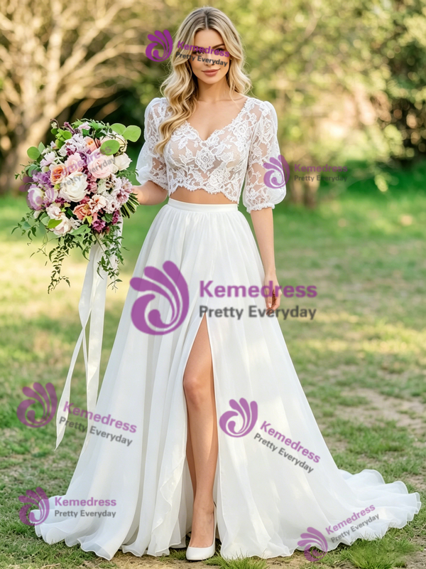 White Two Piece V-neck Lace Puff Sleeve Wedding Dress