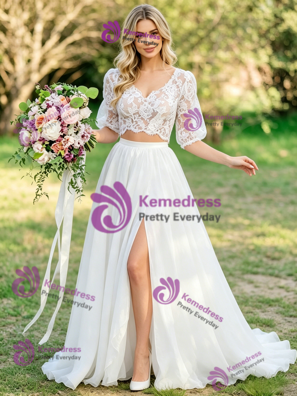 White Two Piece V-neck Lace Puff Sleeve Wedding Dress