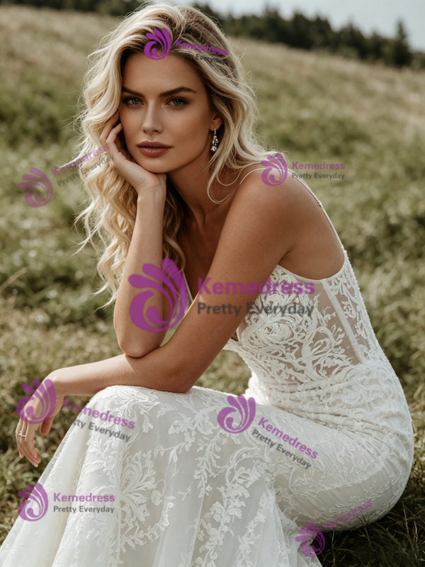 Sexy White Mermaid Lace Spaghetti Straps Wedding Dress