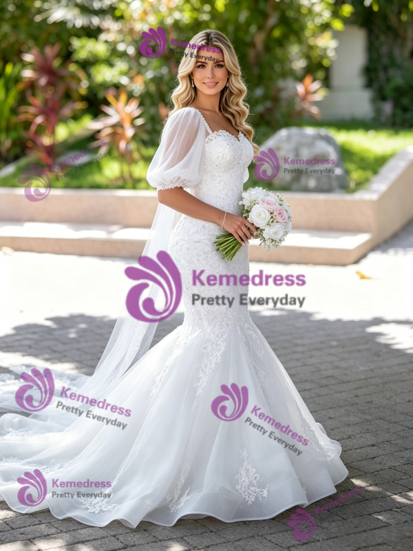White Mermaid Tulle Appliques Wedding Dress
