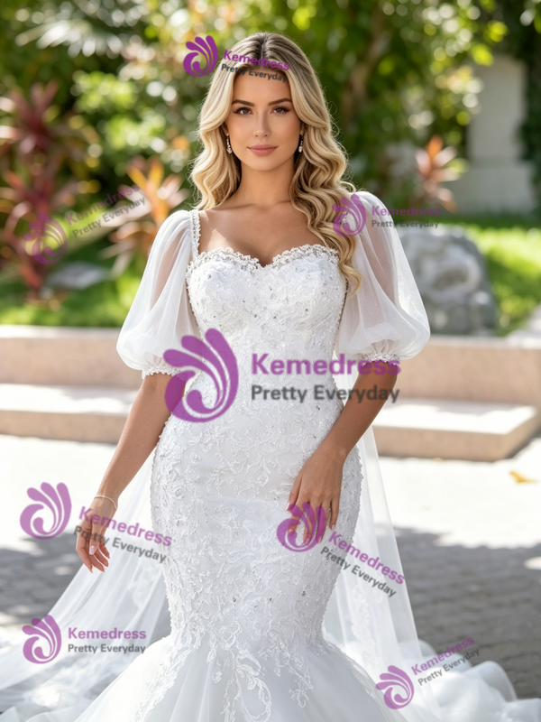 White Mermaid Tulle Appliques Wedding Dress
