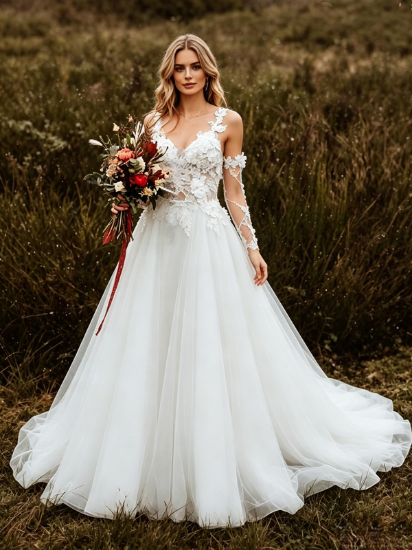 White Lace Tulle Straps Appliques Long Sleeve Wedding Dress