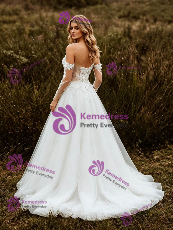 White Lace Tulle Straps Appliques Long Sleeve Wedding Dress