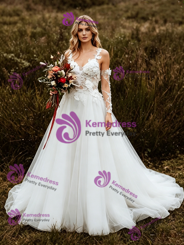 White Lace Tulle Straps Appliques Long Sleeve Wedding Dress