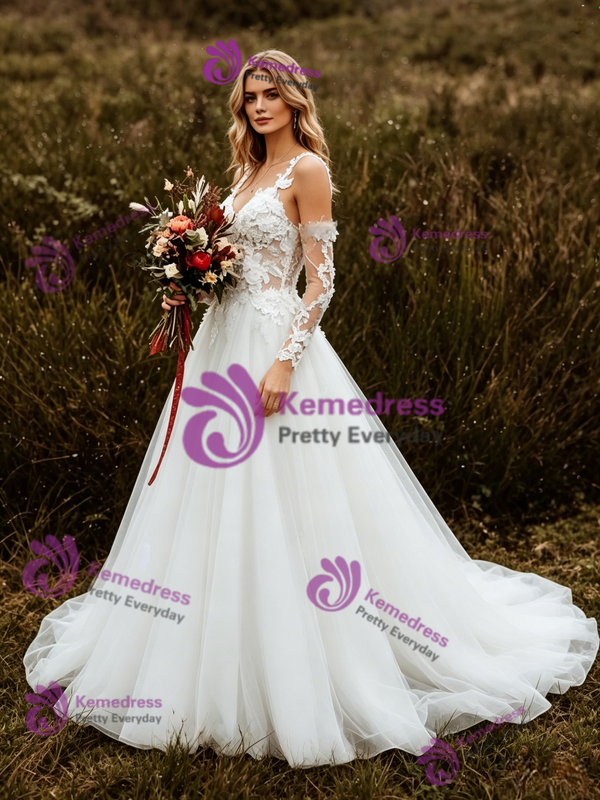 White Lace Tulle Straps Appliques Long Sleeve Wedding Dress