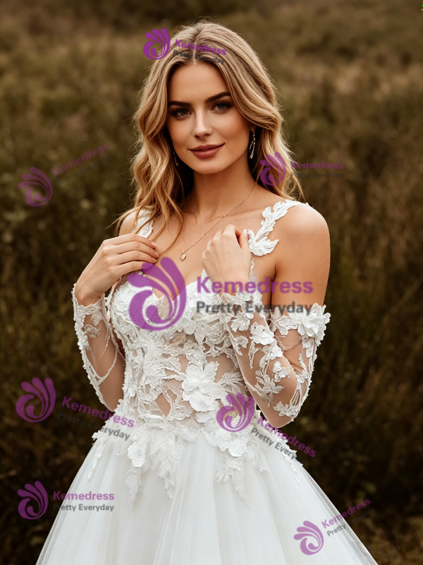 White Lace Tulle Straps Appliques Long Sleeve Wedding Dress