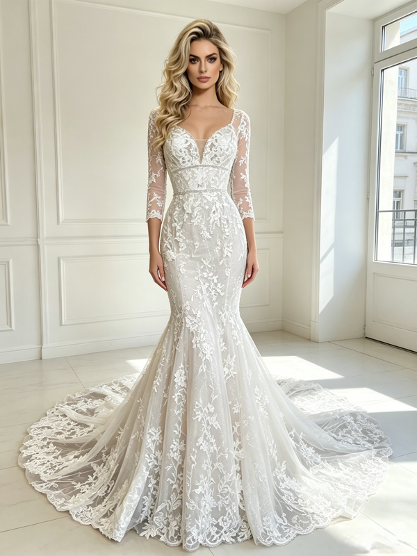 Sexy White Mermaid Tulle Appliques Wedding Dress