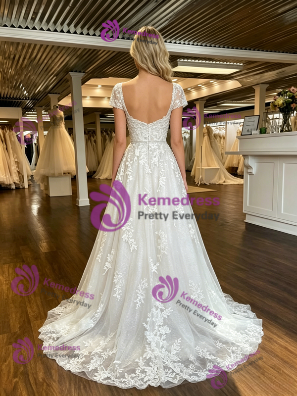 A-Line White Tulle Appliques Cap Sleeve Wedding Dress