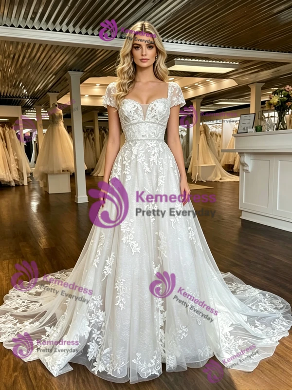 A-Line White Tulle Appliques Cap Sleeve Wedding Dress