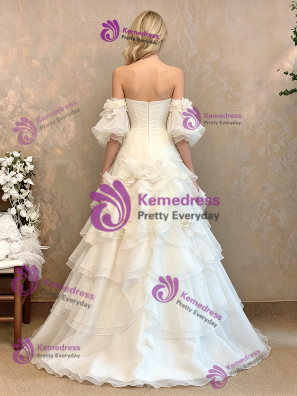 White Tulle Strapless Puff Sleeve 3D Flower Wedding Dress