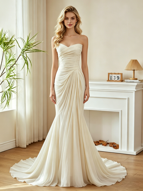 Ivory Strapless Pleats Wedding Dress