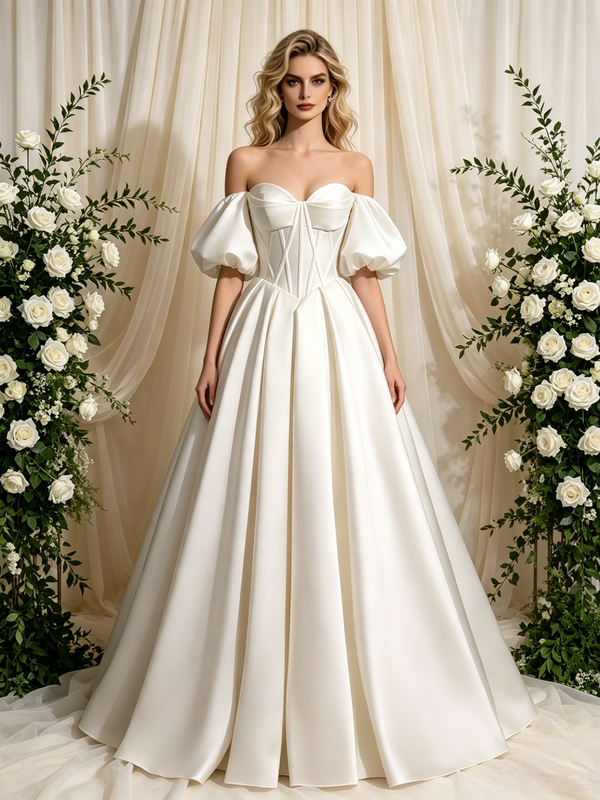 Ivory Satin Strapless Puff Sleeve Beading Wedding Dress