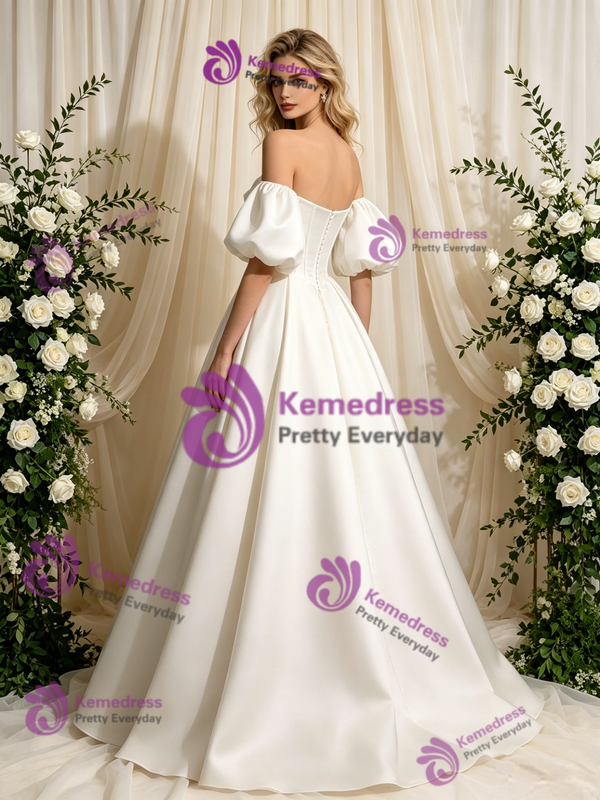 Ivory Satin Strapless Puff Sleeve Beading Wedding Dress