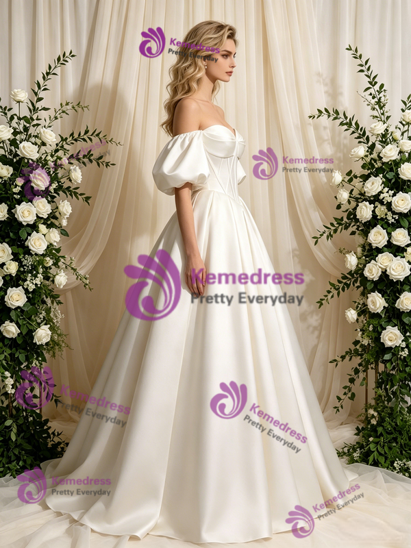 Ivory Satin Strapless Puff Sleeve Beading Wedding Dress