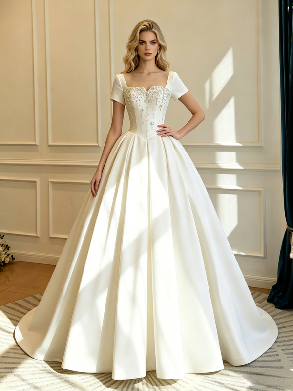 Ivory Satin Short Sleeve Beading Wedding Dress