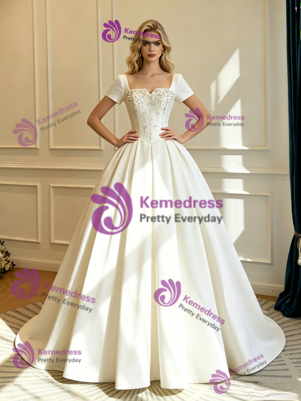 Ivory Satin Short Sleeve Beading Wedding Dress