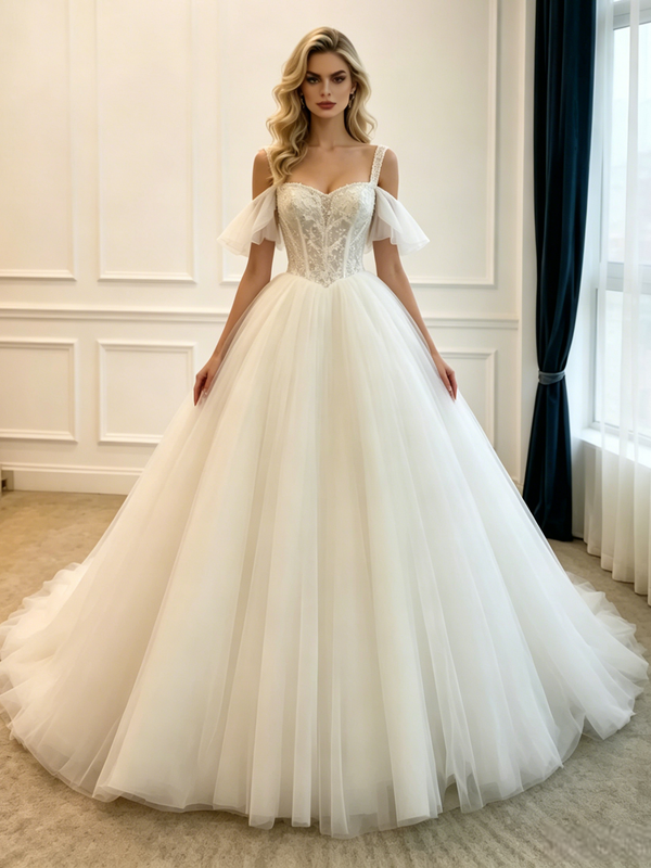 White White Tulle Straps Lace Wedding Dress