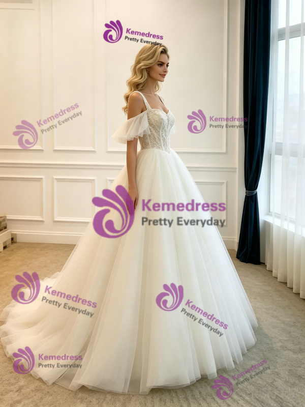 White White Tulle Straps Lace Wedding Dress