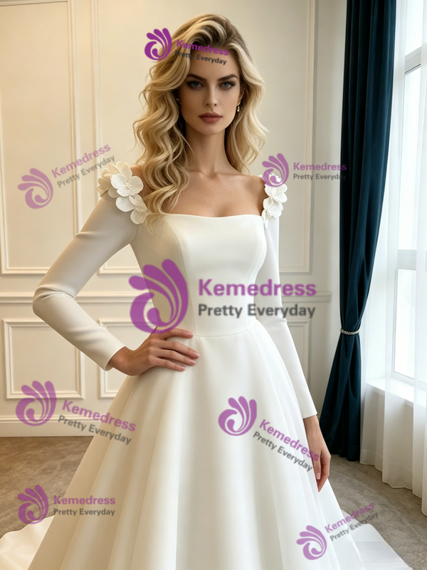 White Satin Long Sleeve Flower Wedding Dress