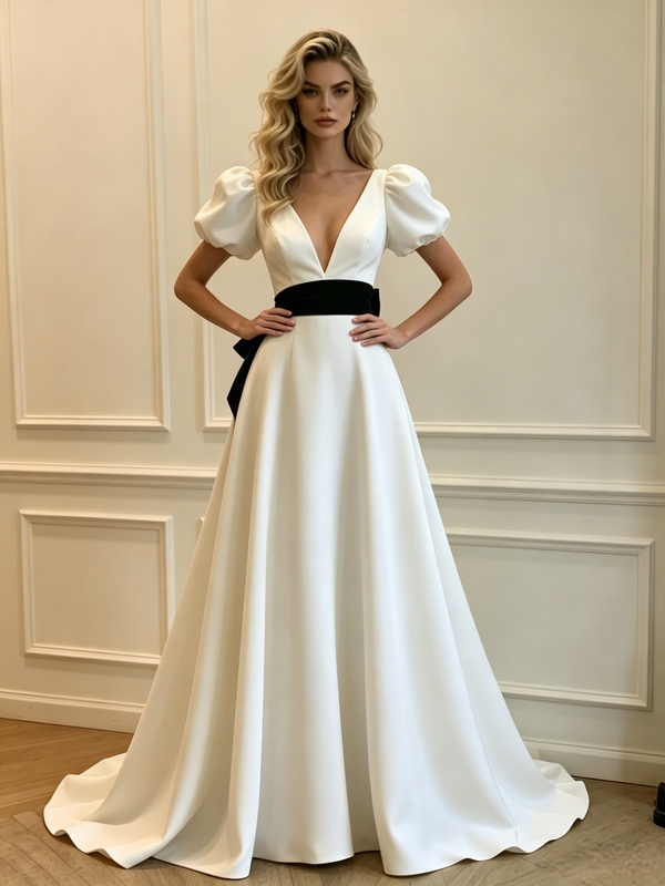 Simple White Satin V-Neck Puff Sleeve Wedding Dress
