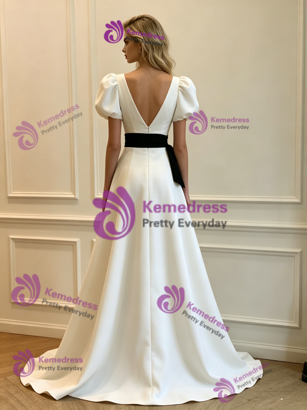 Simple White Satin V-Neck Puff Sleeve Wedding Dress