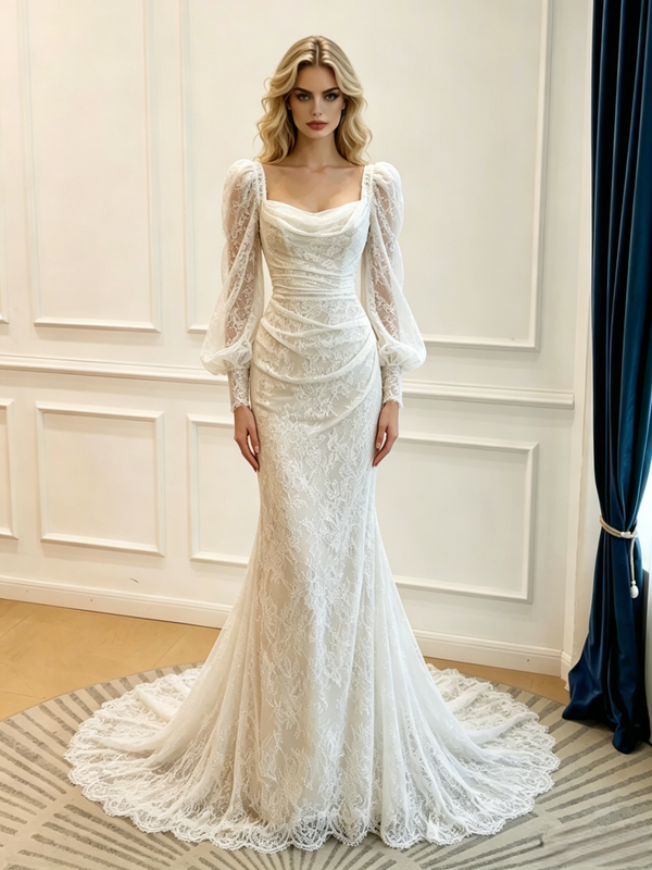 White Mermaid Lace Long Sleeve Pleats Wedidng Dress