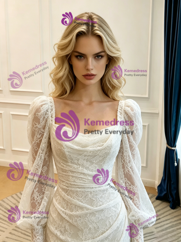 White Mermaid Lace Long Sleeve Pleats Wedidng Dress