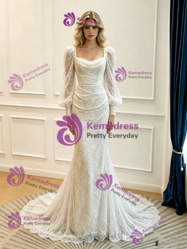 White Mermaid Lace Long Sleeve Pleats Wedidng Dress