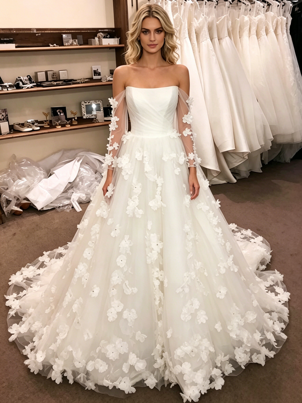 White Tulle Off The Shoulder Long Sleeve Wedding Dress