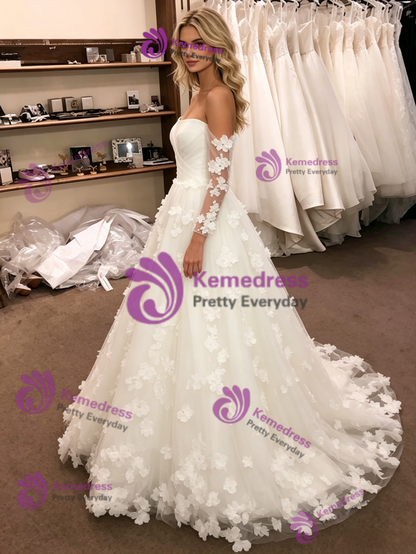 White Tulle Off The Shoulder Long Sleeve Wedding Dress