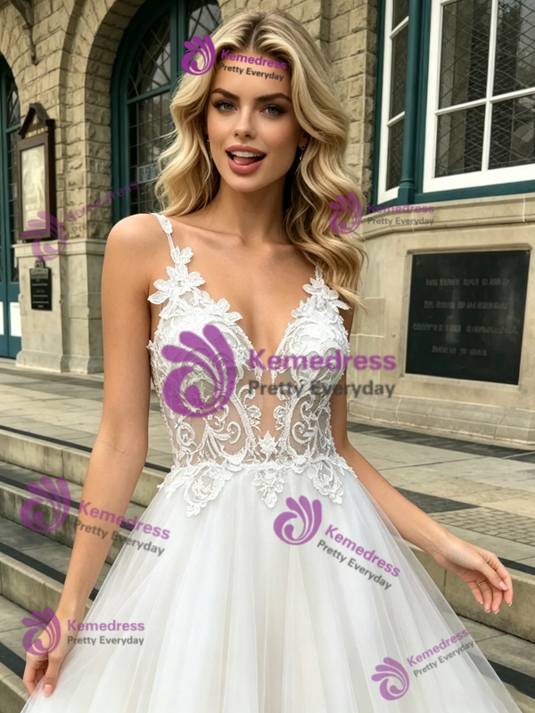 White Tulle Straps Appliques Wedding Dress