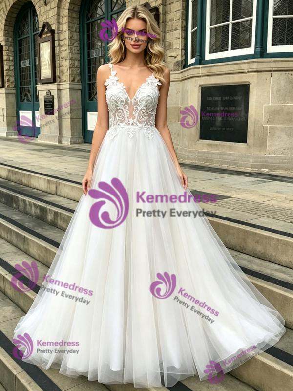White Tulle Straps Appliques Wedding Dress