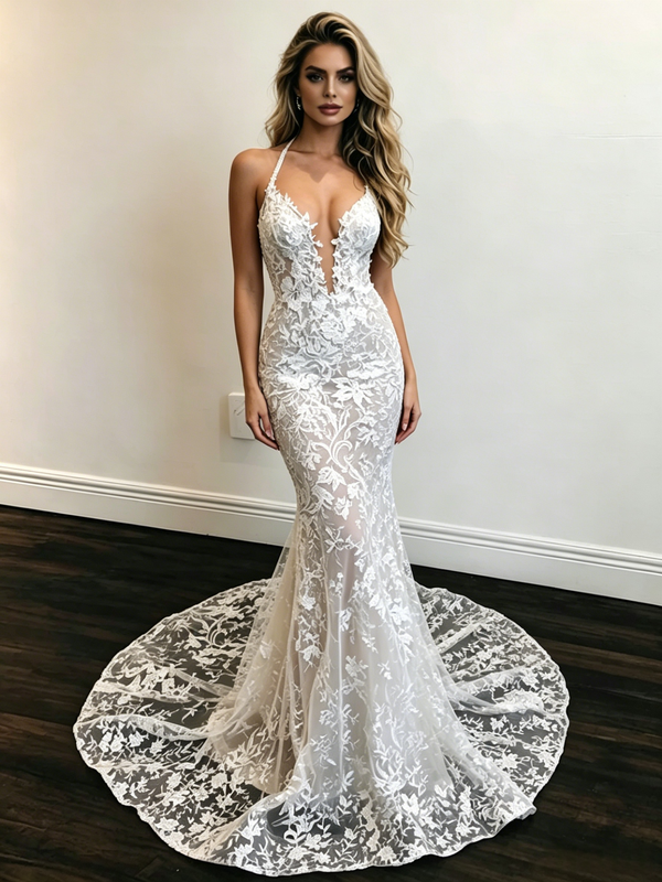 Sexy White Mermaid Lace Spaghetti Straps Wedding Dress