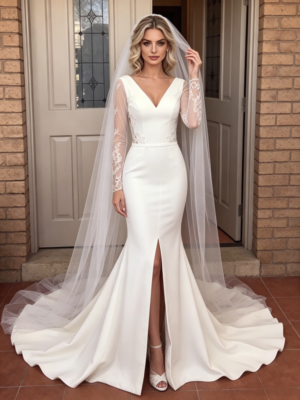 White Mermaid Long Sleeve V-Neck Split Wedding Dress